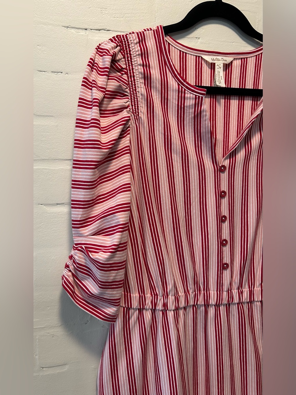 Matilda Jane Red Pink White Striped Midi Dress Puff Sleeve Cottagecore Small - Picture 4 of 8